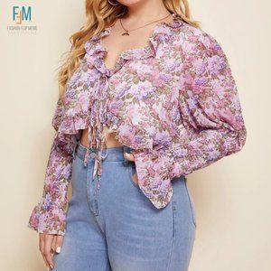 New! Shein Women's Ruffle Tie-Front Long Sleeve Cropped Floral Blouse 3X NWOT